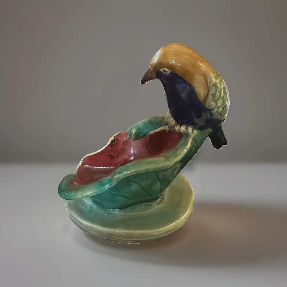 Antique Majolica Bird Perched On Water Lily By Or In Style Of Joseph Holdcroft